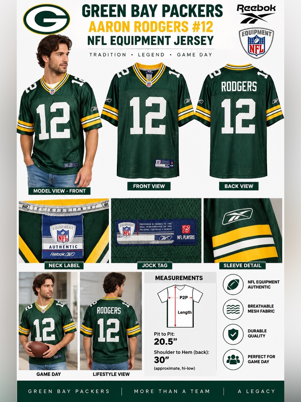Green Bay Packers Aaron Rodgers #12 Reebok NFL Equipment Jersey Men’s Small